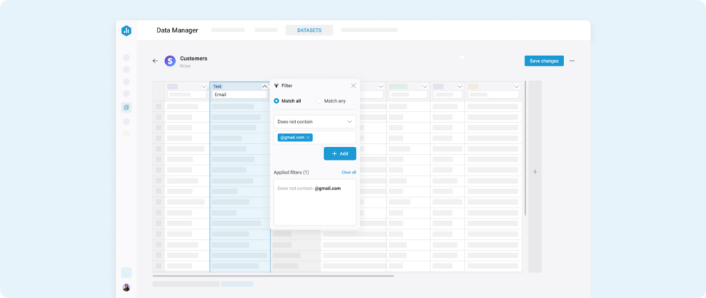 Screenshot – Using the Dataset editor to filter out free‑mail addresses before analysis.